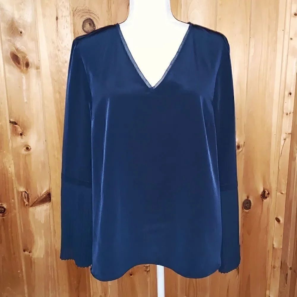 H by Halston blue blouse with pleated bell cuffs L